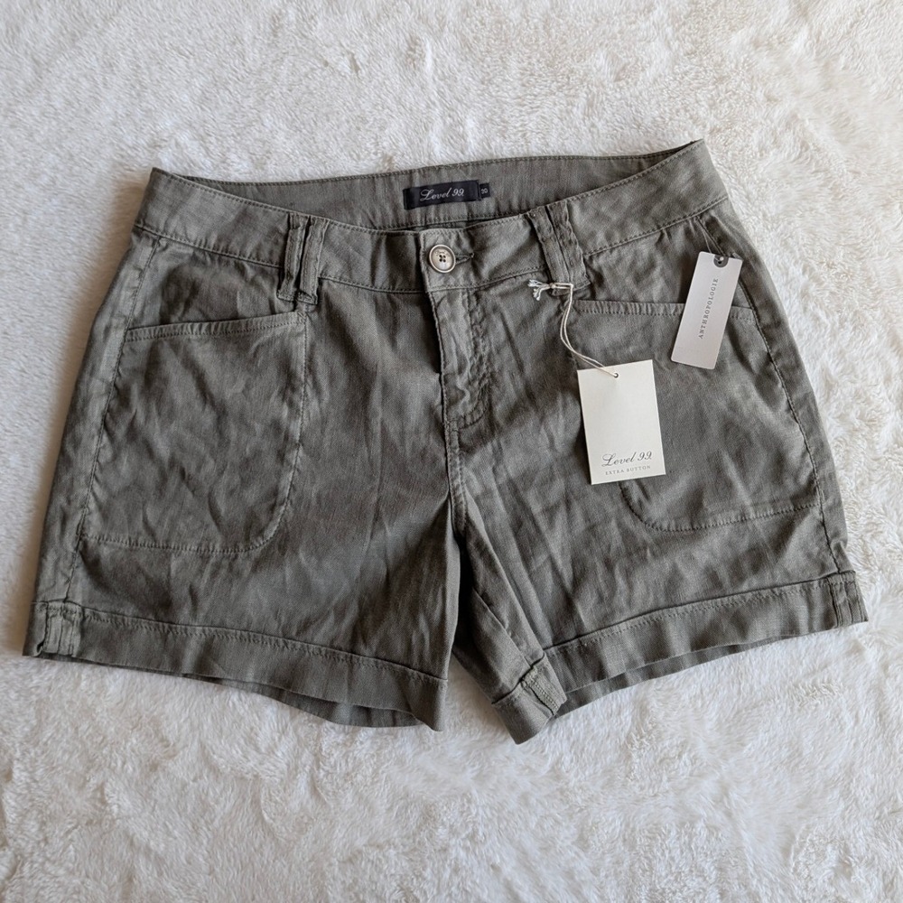 Level 99 Anthropologie Moss Green Linen Blend Utility Shorts Size 30 NWT